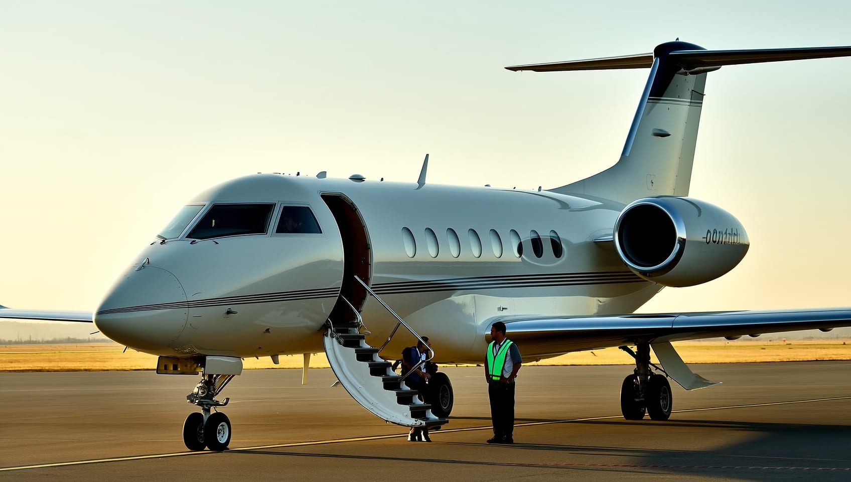 A light private jet parked on a small regional airport tarmac at morning light