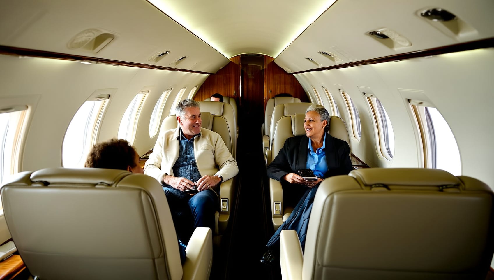 Two passengers relaxed in wide leather seats inside a midsize private jet cabin