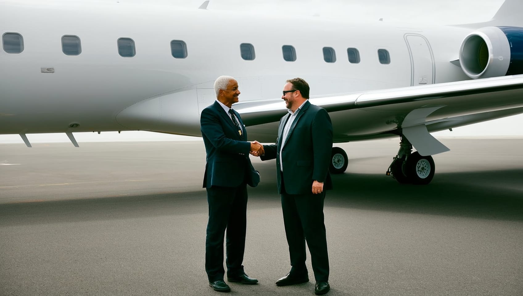 An aircraft owner shaking hands with a JULY aviation advisor on a private tarmac beside a parked jet