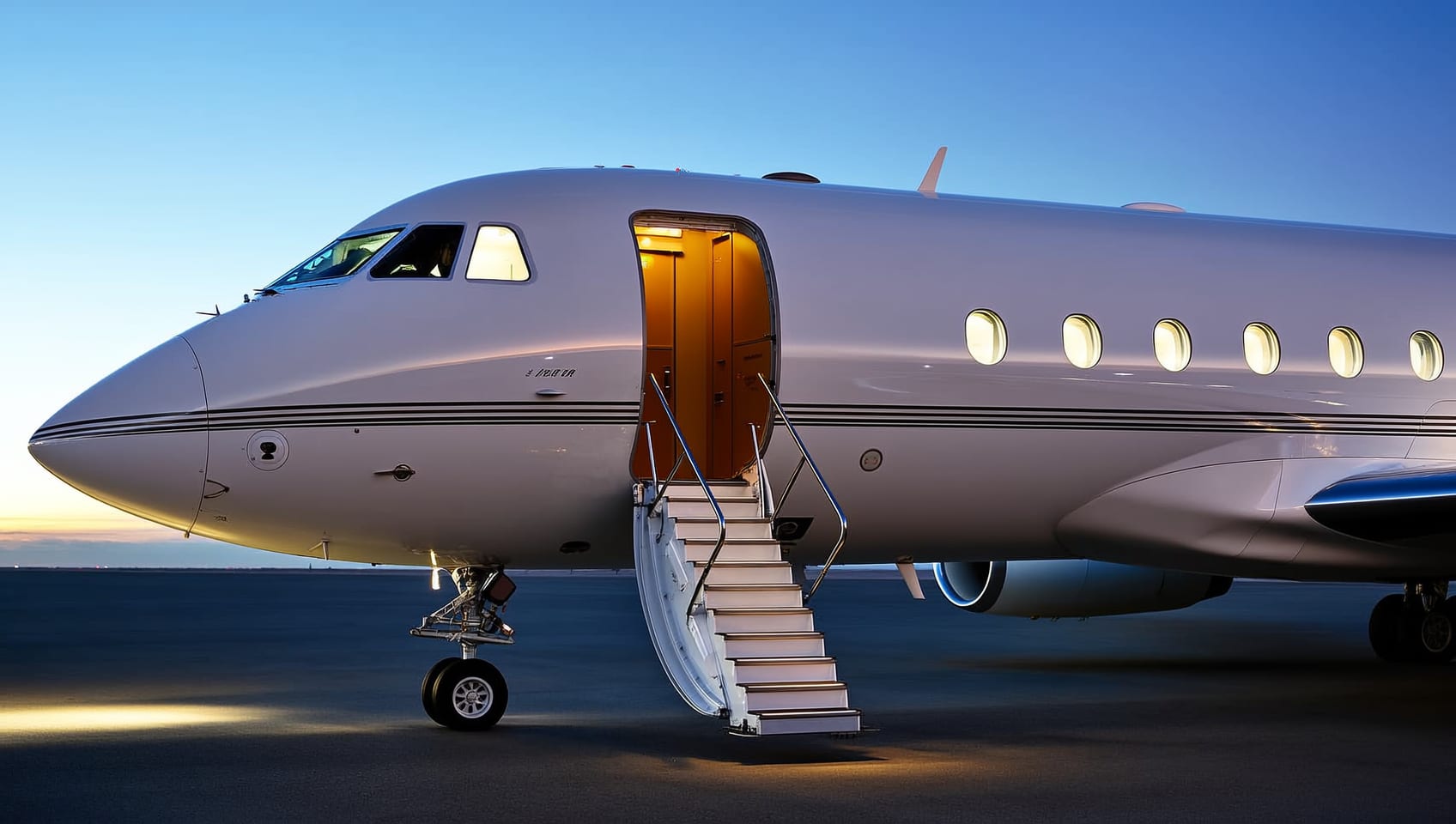 A flagship ultra long range private jet on the tarmac at dusk with cabin lights glowing through the windows