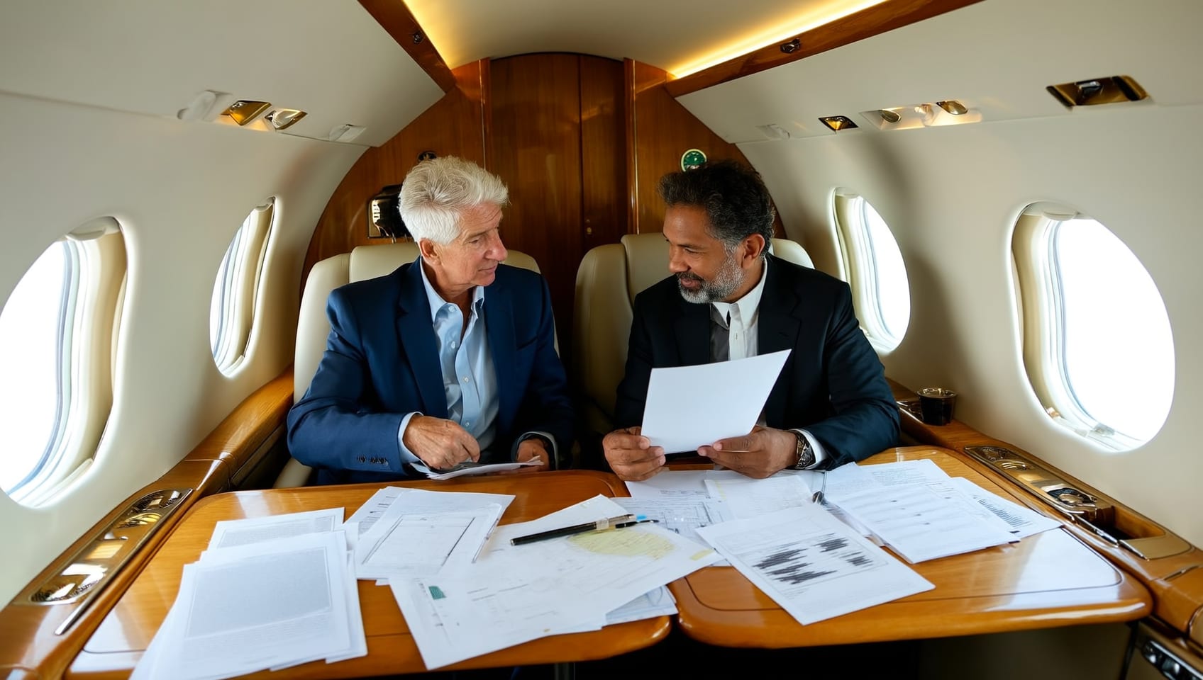 Business colleagues reviewing documents together at a private jet cabin table mid flight