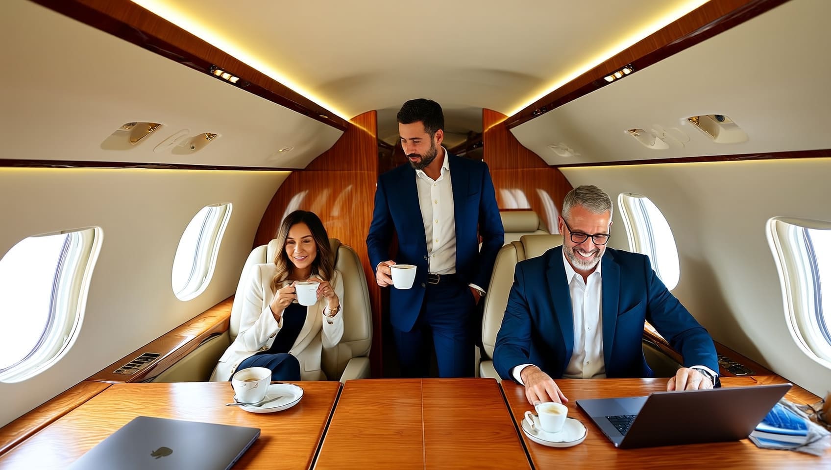Colleagues reviewing documents together at a table inside a private jet cabin