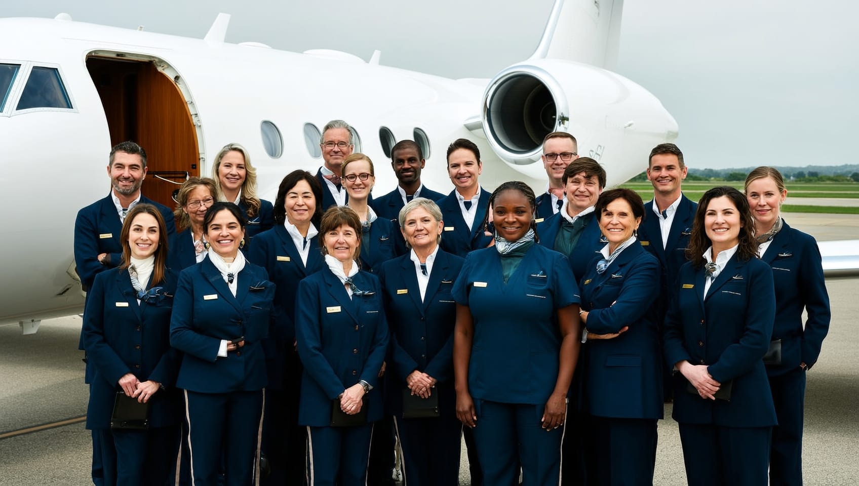 A diverse team of cabin crew and a flight coordinator in a pre-flight huddle beside a private jet