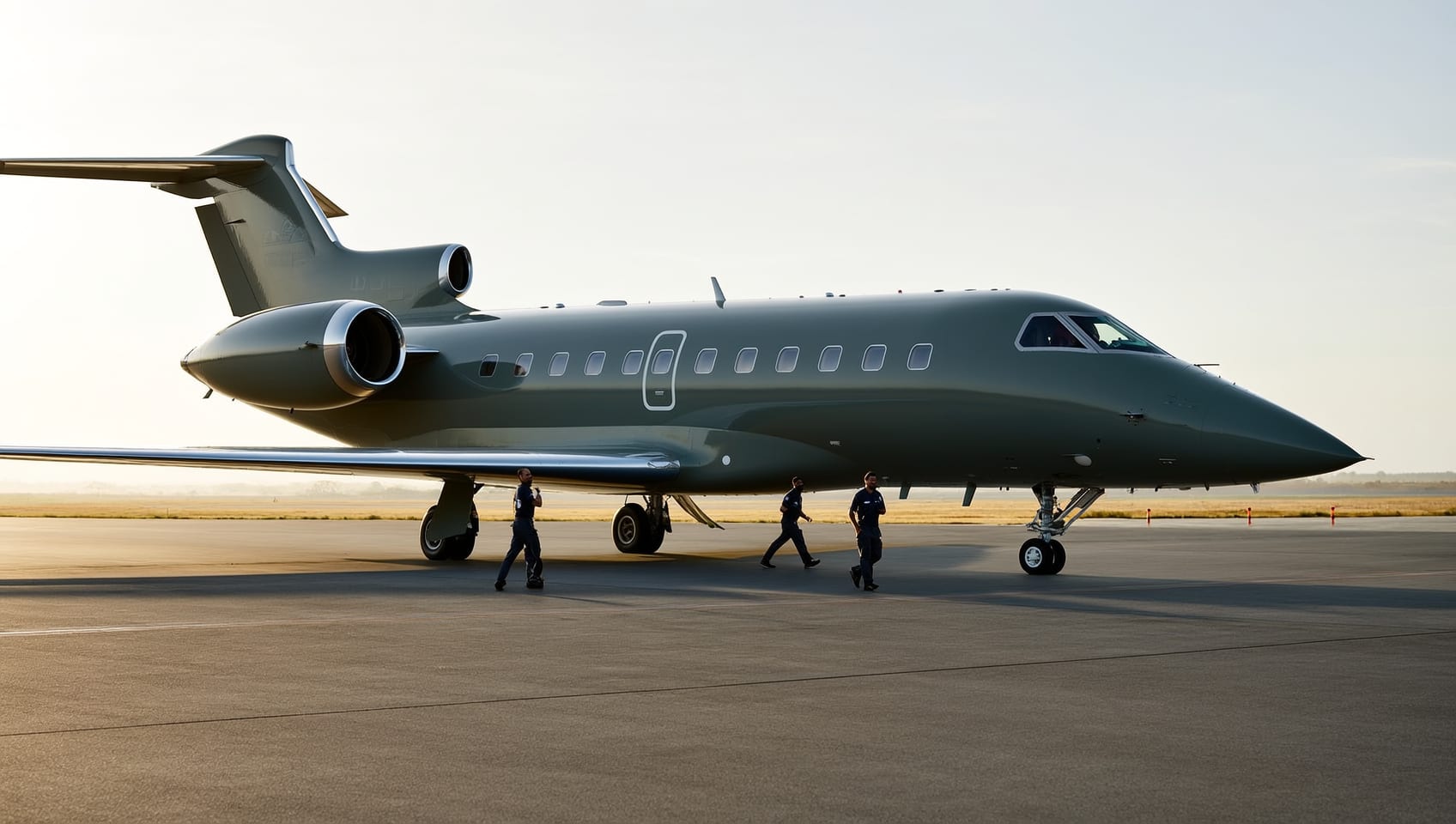 A private jet holding on a runway at first light with a ground crew member walking toward it