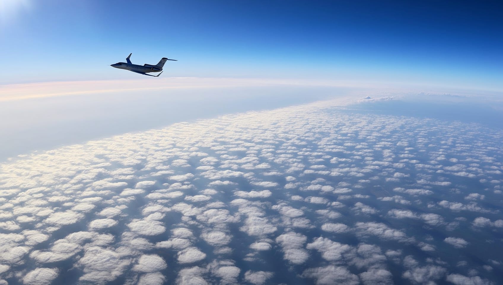 A private jet in flight above scattered clouds at high altitude with the curvature of the earth at the horizon
