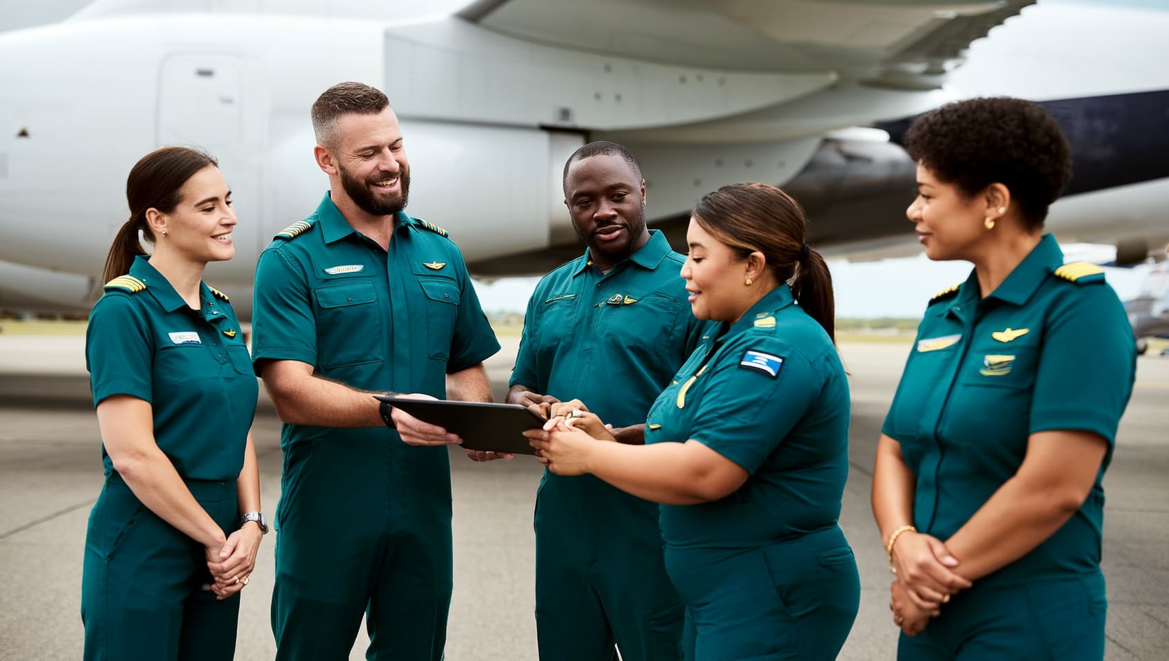 Flight crew reviewing a route briefing together before departure