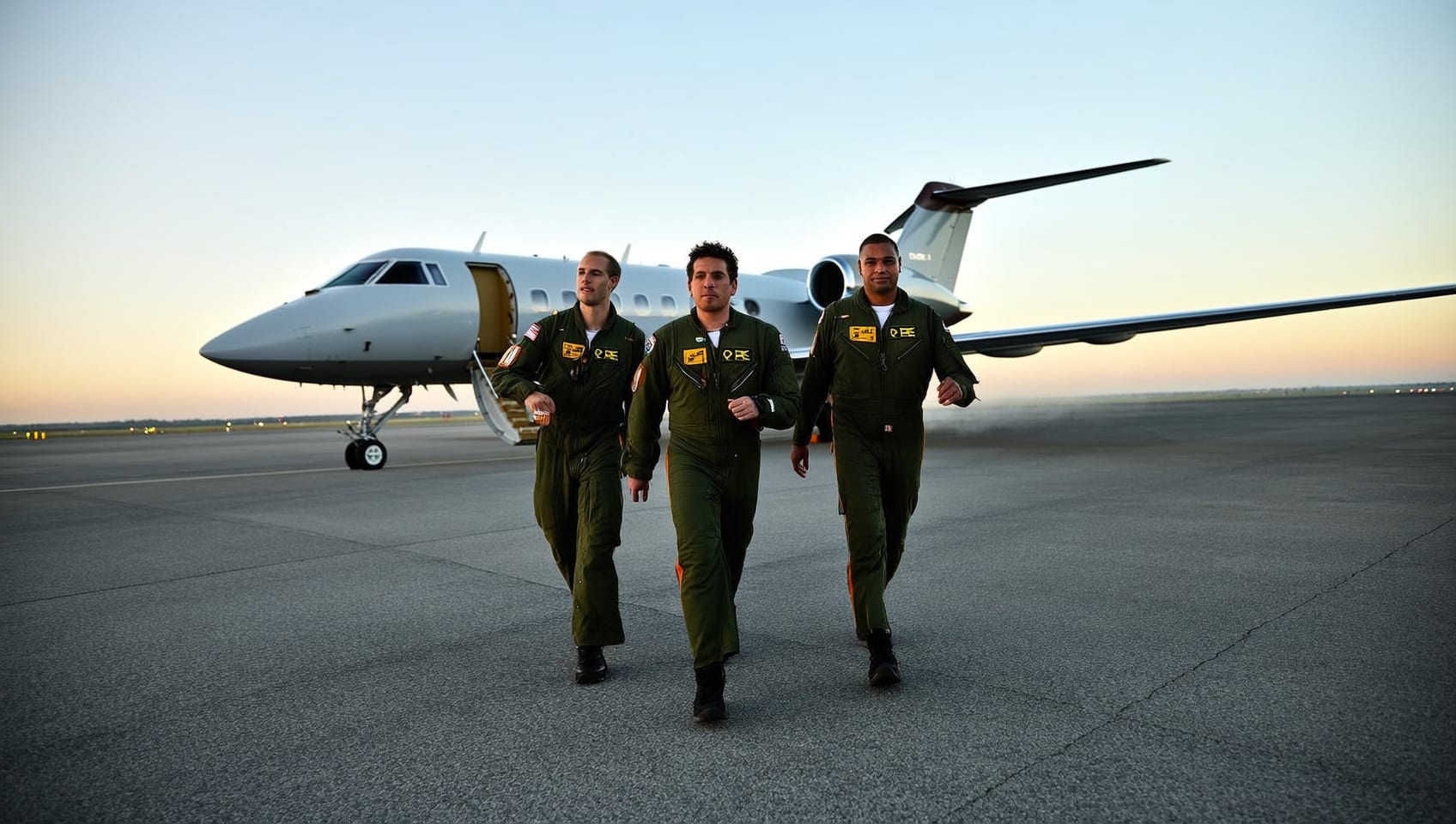 Flight crew crossing the tarmac toward a private jet at dawn