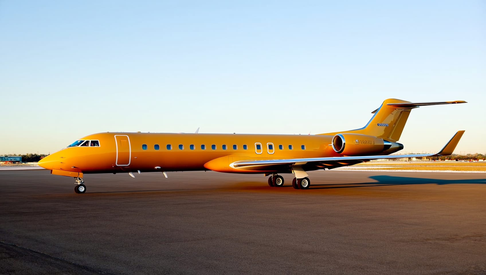 A heavy private jet parked alone on the tarmac at golden hour