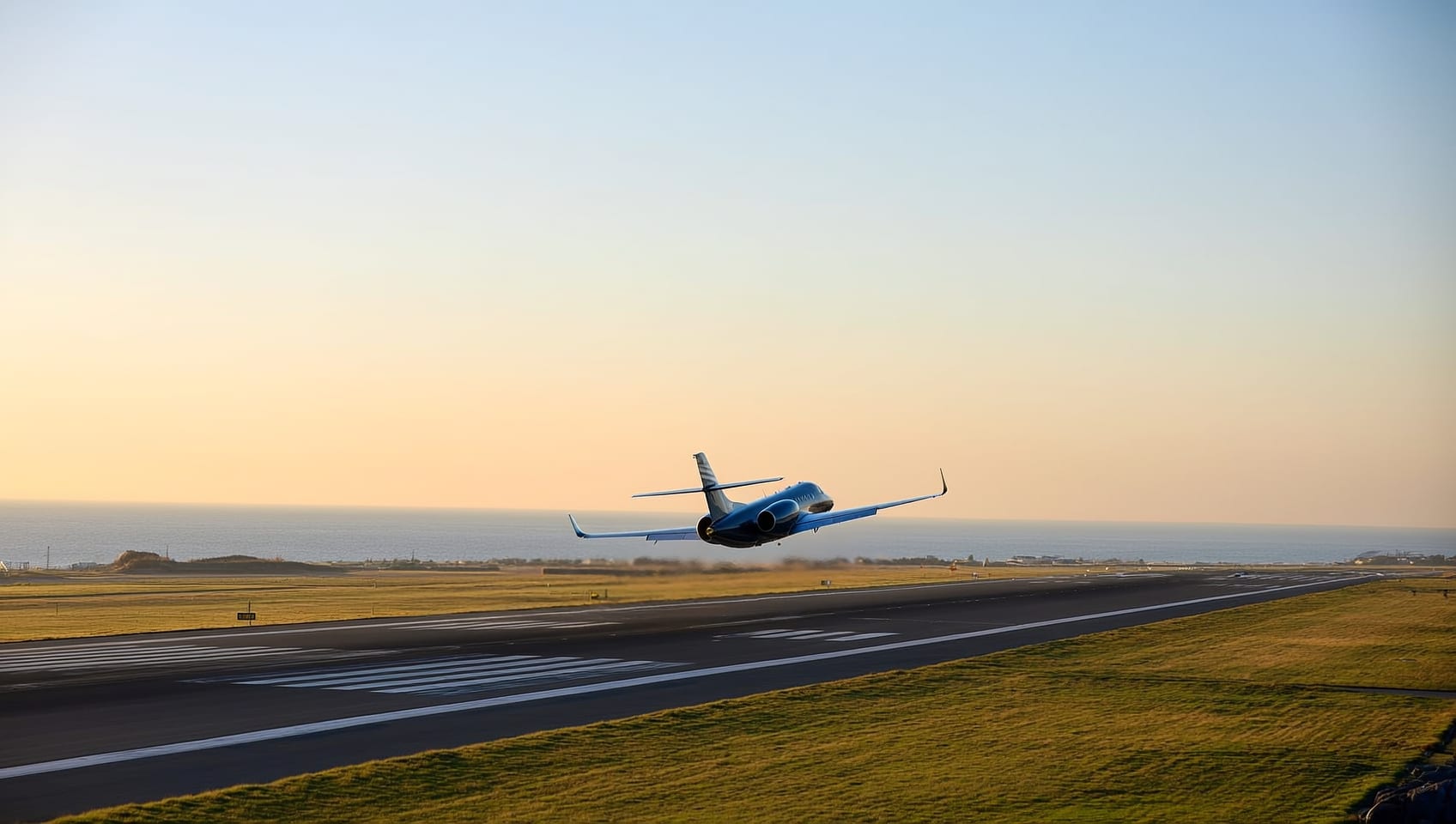 Private jet climbing away from a coastal runway at sunrise