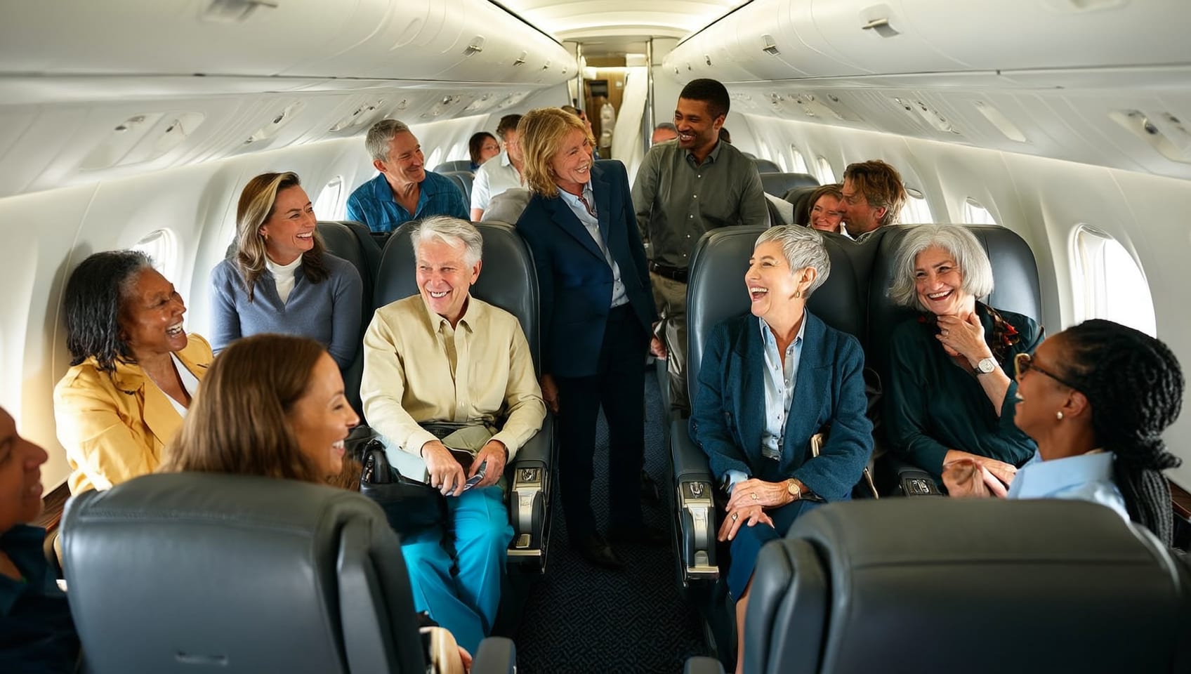Colleagues sharing a relaxed conversation aboard a private jet cabin mid flight