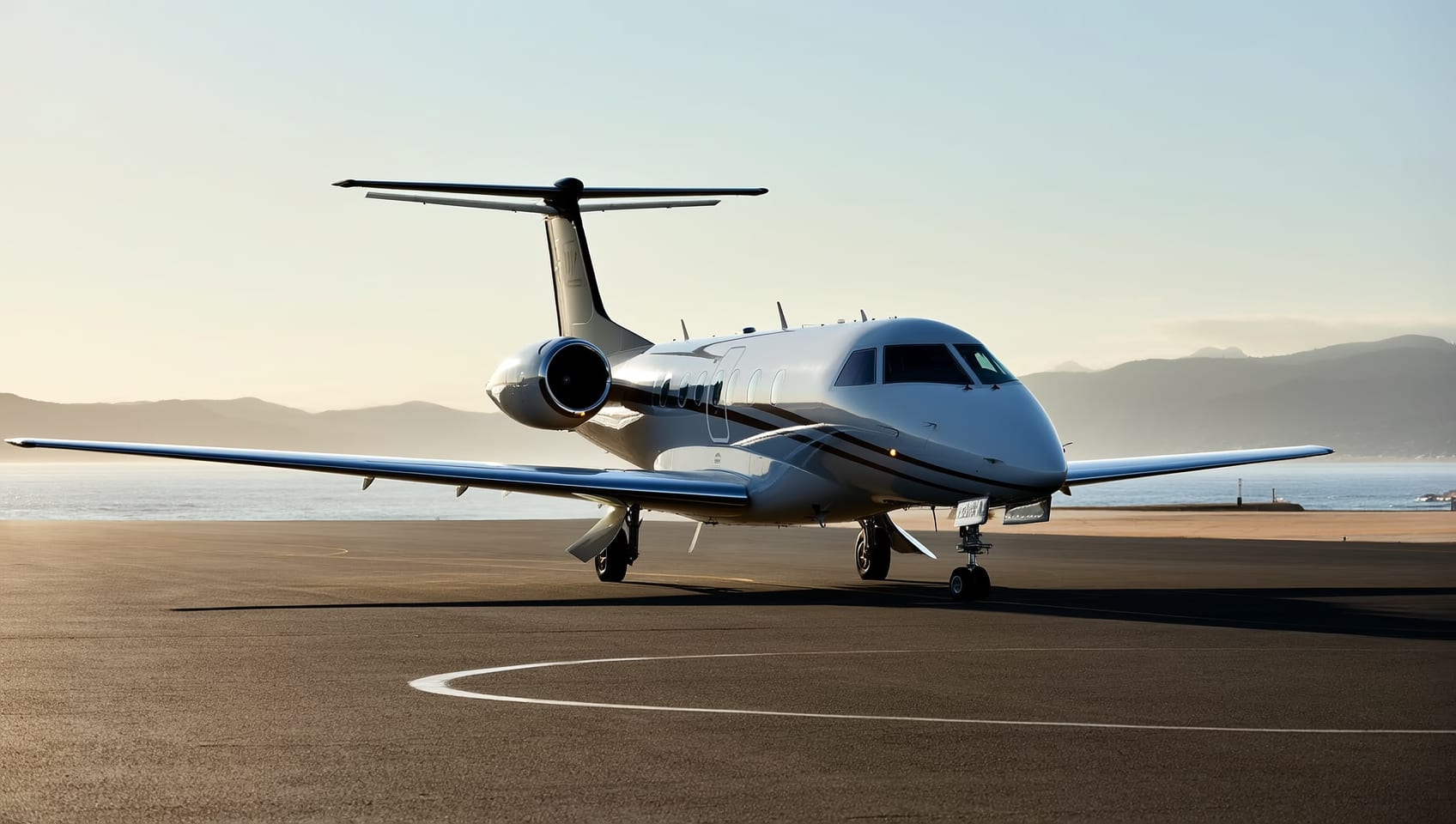 A small light private jet on a regional coastal airstrip tarmac in early morning light