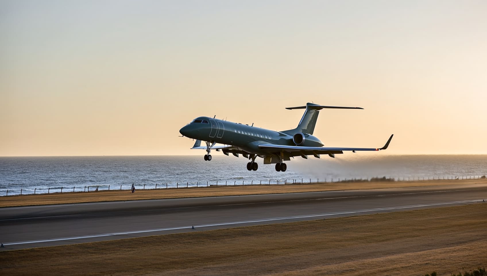 A private jet climbing into a sunrise sky shortly after takeoff